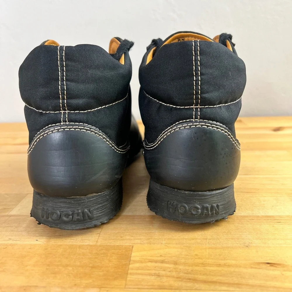 Hogan Black Leather Canvas Lace Up Ankle Boots Italian Designer Shoes‎ Size 39